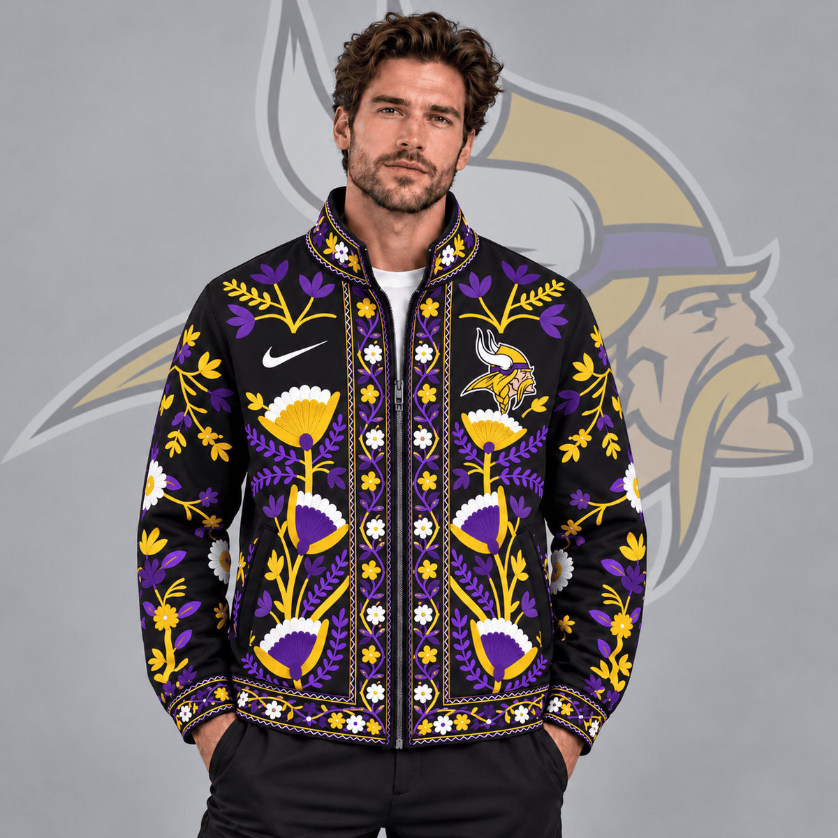 Minnesota Vikings | Premium NFL Vintage Folk Art Floral Print Stand Collar Full Zip Jacket NDN cover
