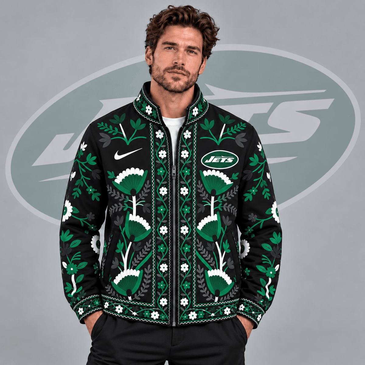 New York Jets | Premium NFL Vintage Folk Art Floral Print Stand Collar Full Zip Jacket NDN cover