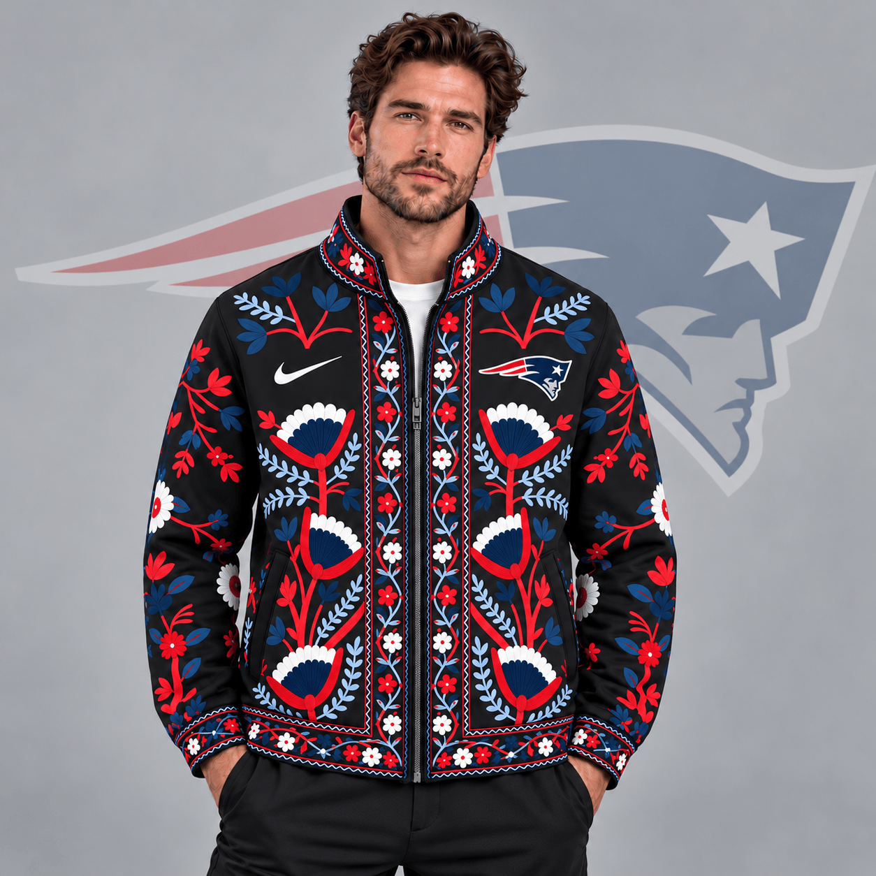 New England Patriots | Premium NFL Vintage Folk Art Floral Print Stand Collar Full Zip Jacket NDN cover
