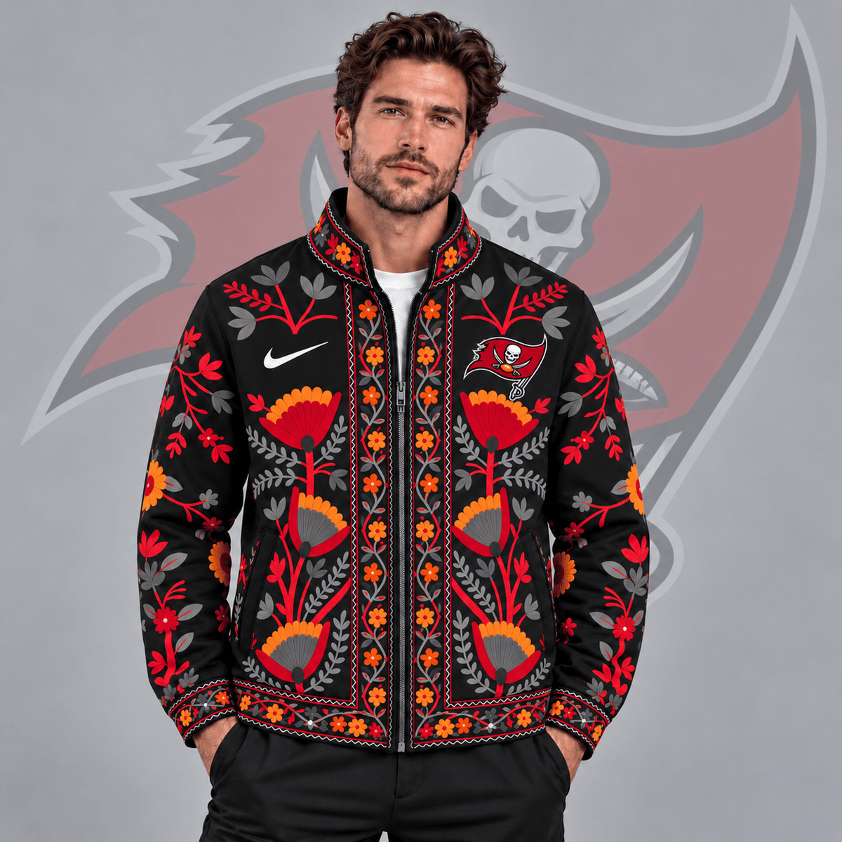 Tampa Bay Buccaneers | Premium NFL Vintage Folk Art Floral Print Stand Collar Full Zip Jacket NDN cover