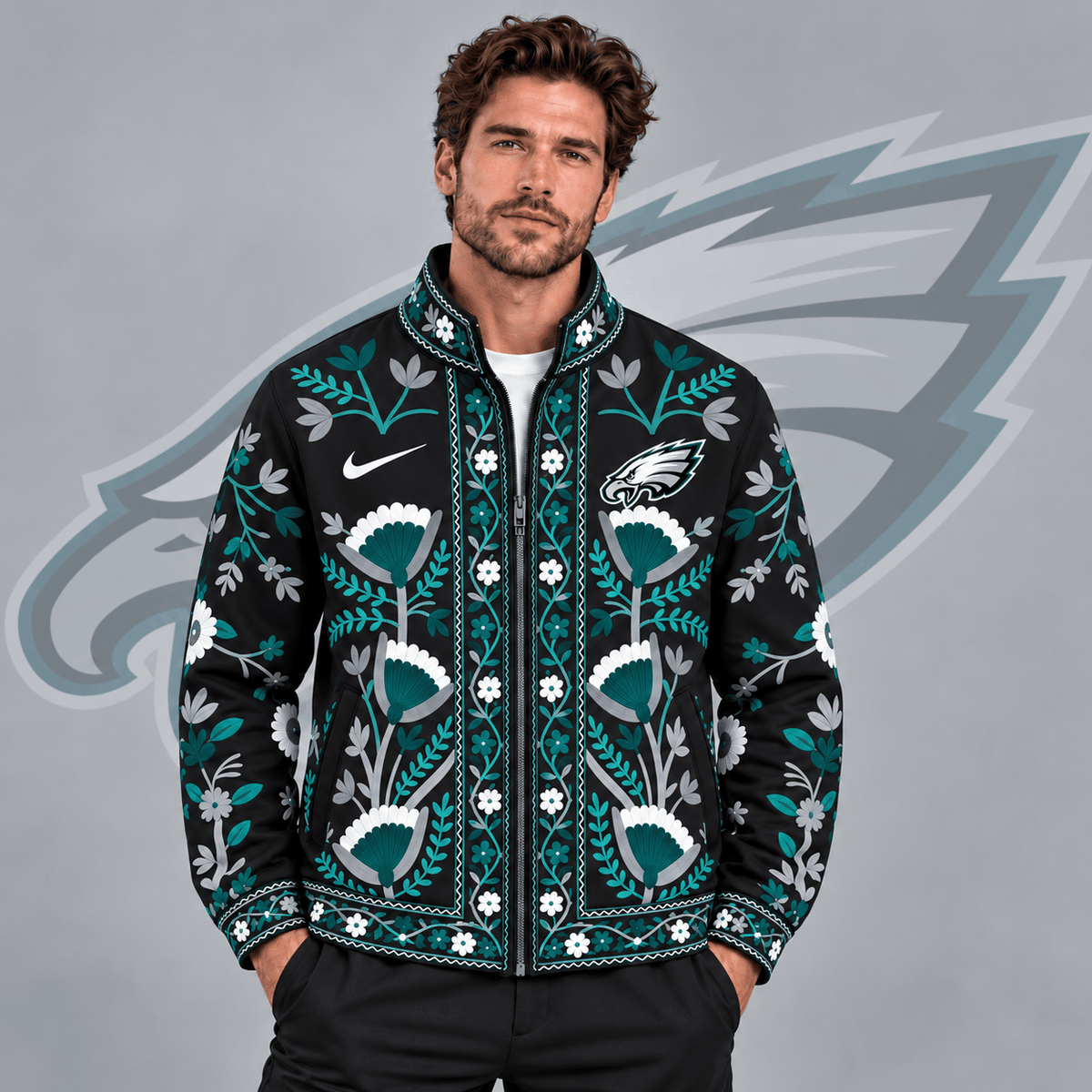 Philadelphia Eagles | Premium NFL Vintage Folk Art Floral Print Stand Collar Full Zip Jacket NDN cover