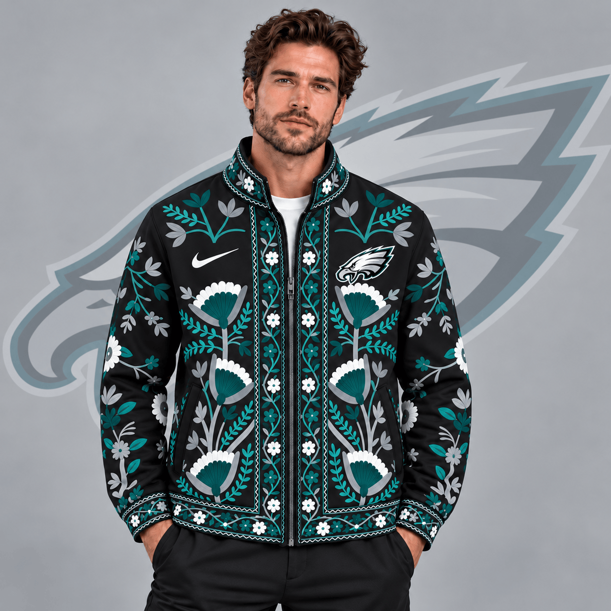 Philadelphia Eagles | Premium NFL Vintage Folk Art Floral Print Stand Collar Full Zip Jacket NDN cover