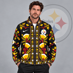Pittsburgh Steelers | Premium NFL Vintage Folk Art Floral Print Stand Collar Full Zip Jacket NDN cover