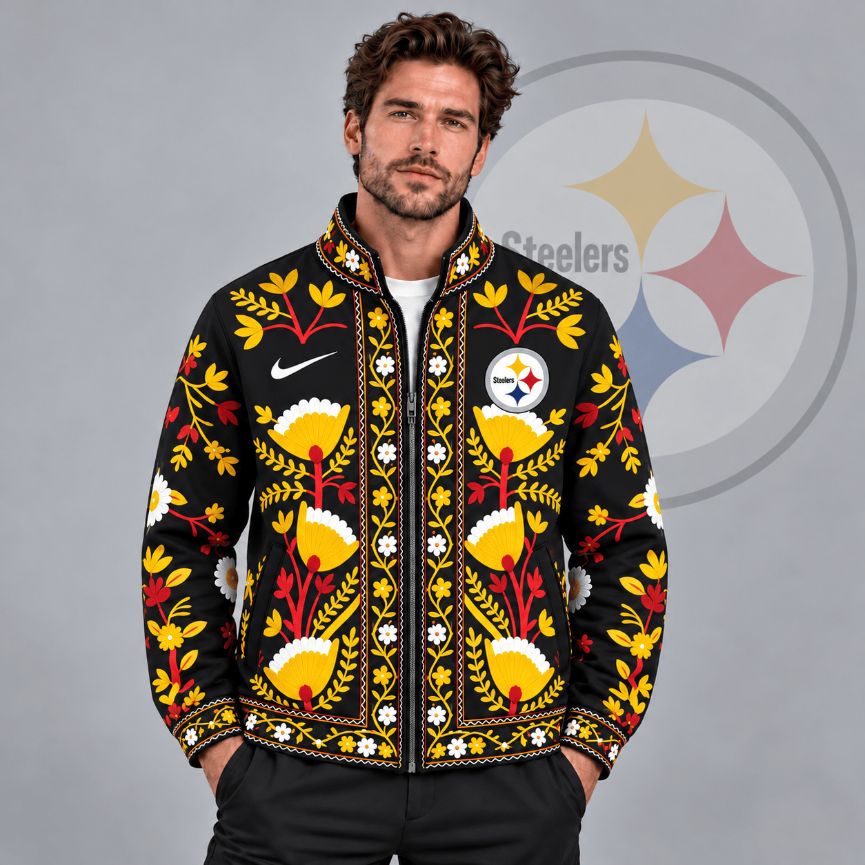Pittsburgh Steelers | Premium NFL Vintage Folk Art Floral Print Stand Collar Full Zip Jacket NDN cover