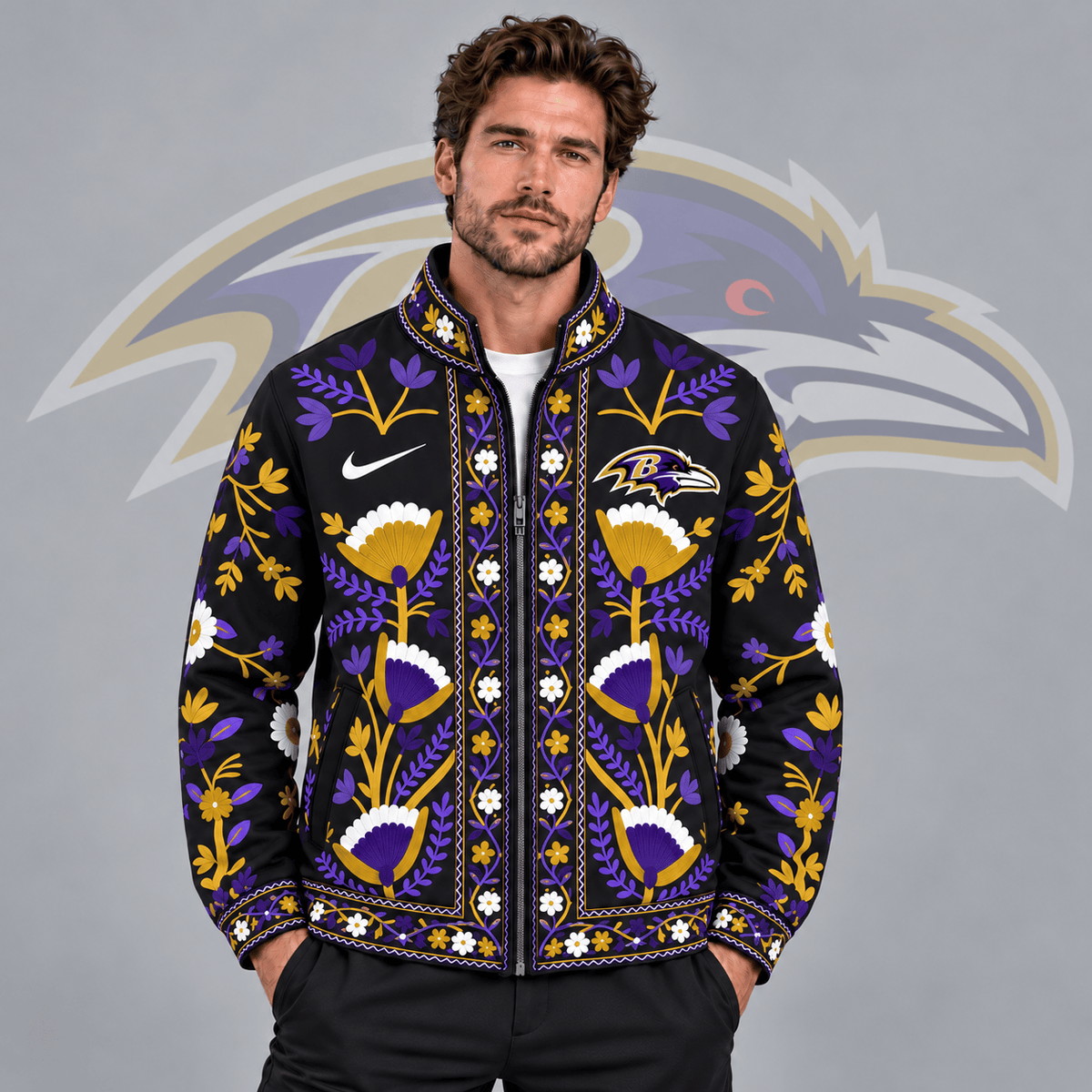 Baltimore Ravens | Premium NFL Vintage Folk Art Floral Print Stand Collar Full Zip Jacket NDN cover