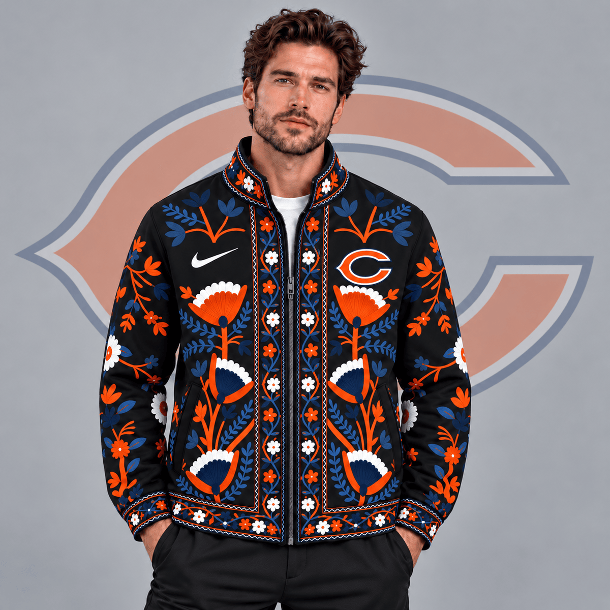 Chicago Bears | Premium NFL Vintage Folk Art Floral Print Stand Collar Full Zip Jacket NDN cover