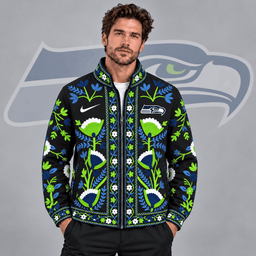 Seattle Seahawks | Premium NFL Vintage Folk Art Floral Print Stand Collar Full Zip Jacket NDN cover