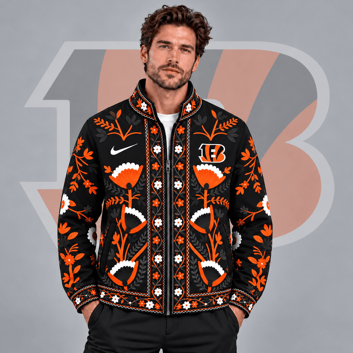 Cincinnati Bengals | Premium NFL Vintage Folk Art Floral Print Stand Collar Full Zip Jacket NDN cover