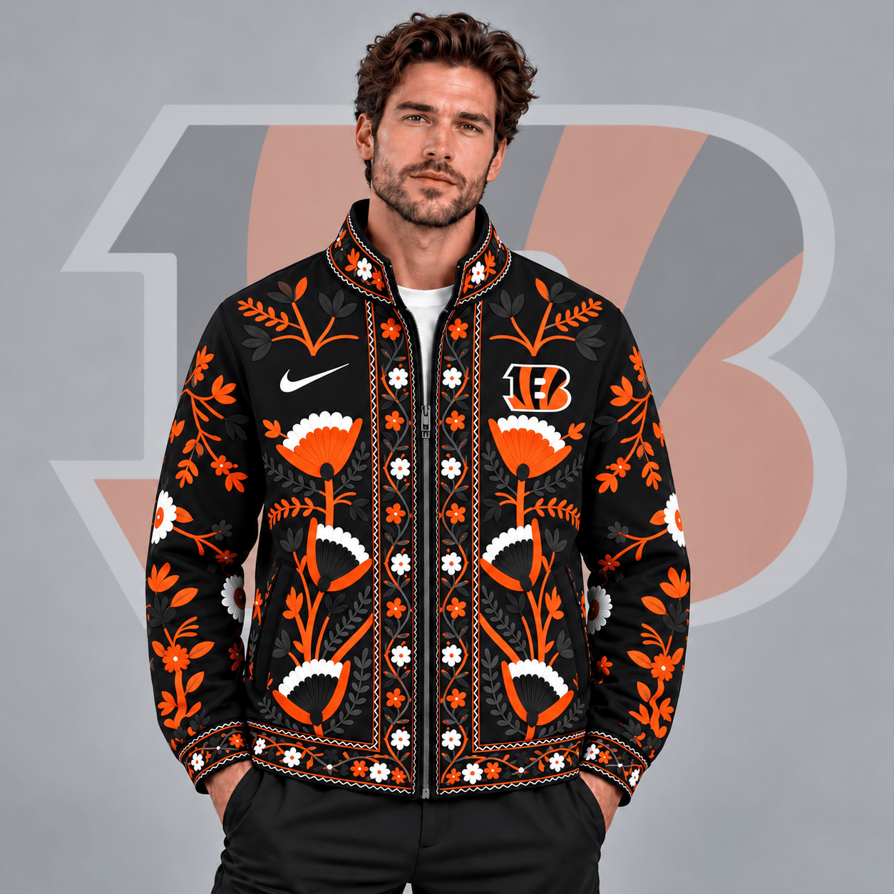 Cincinnati Bengals | Premium NFL Vintage Folk Art Floral Print Stand Collar Full Zip Jacket NDN cover