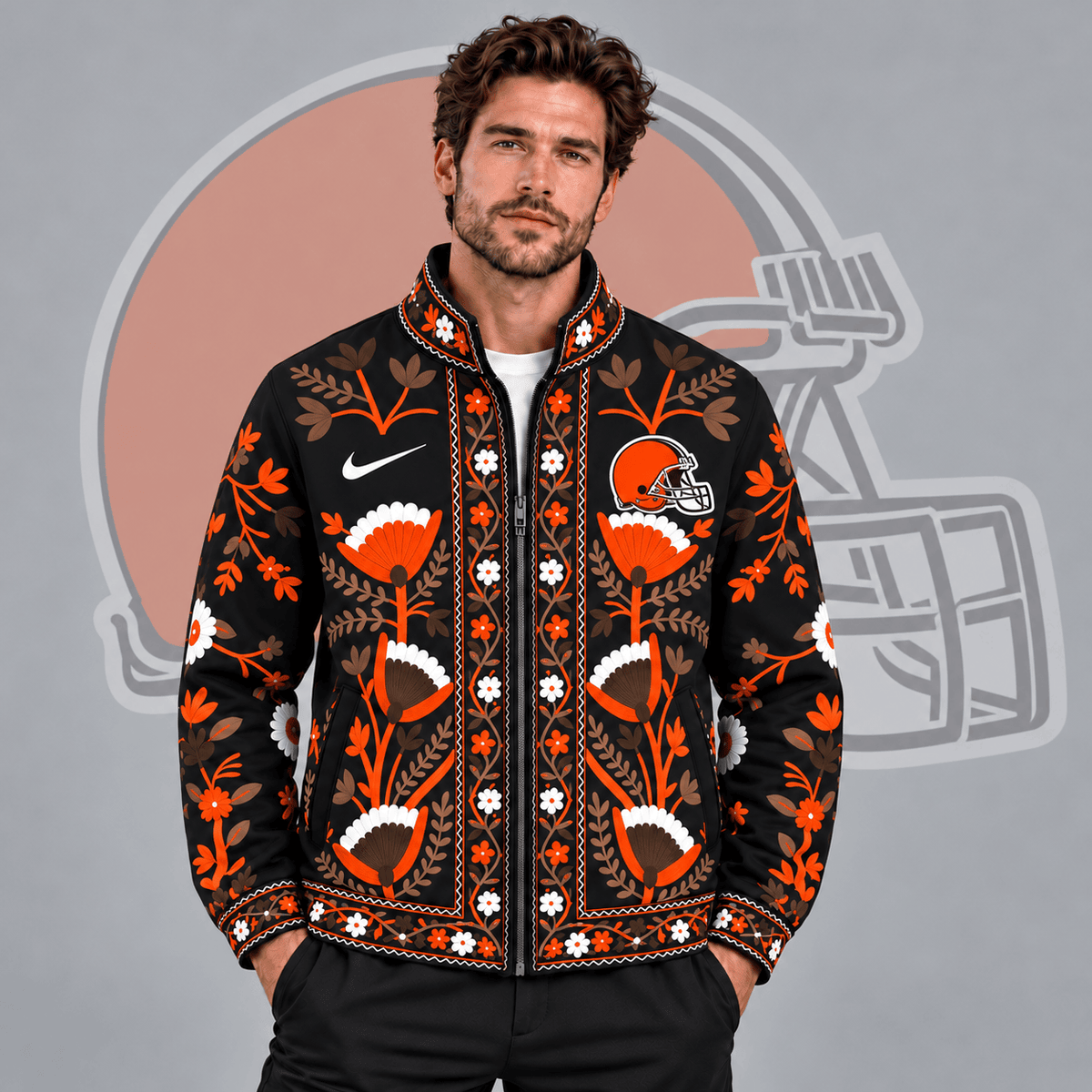 Cleveland Browns | Premium NFL Vintage Folk Art Floral Print Stand Collar Full Zip Jacket NDN cover