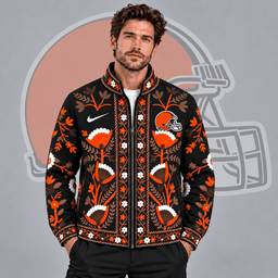 Cleveland Browns | Premium NFL Vintage Folk Art Floral Print Stand Collar Full Zip Jacket NDN cover