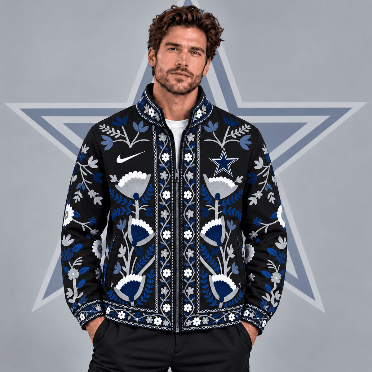 Dallas Cowboys | Premium NFL Vintage Folk Art Floral Print Stand Collar Full Zip Jacket NDN cover