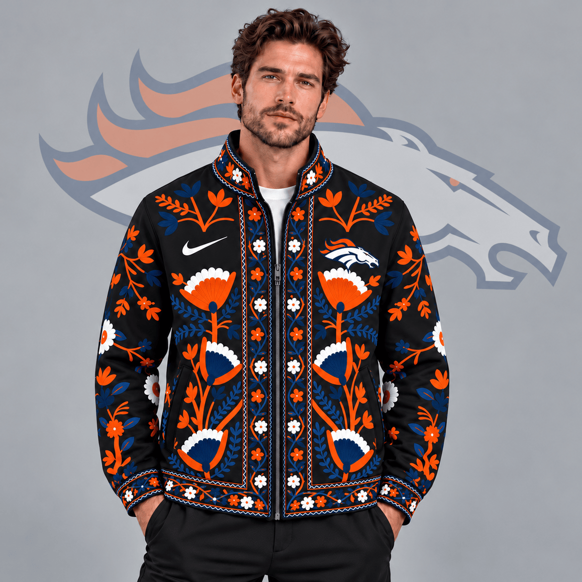 Denver Broncos | Premium NFL Vintage Folk Art Floral Print Stand Collar Full Zip Jacket NDN cover
