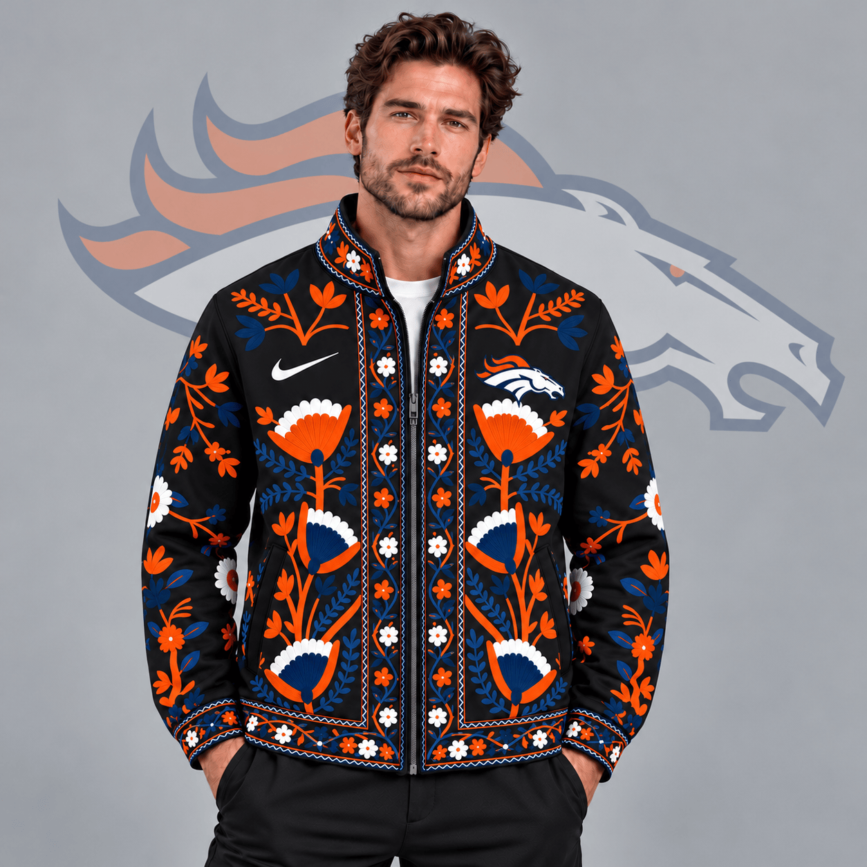 Denver Broncos | Premium NFL Vintage Folk Art Floral Print Stand Collar Full Zip Jacket NDN cover