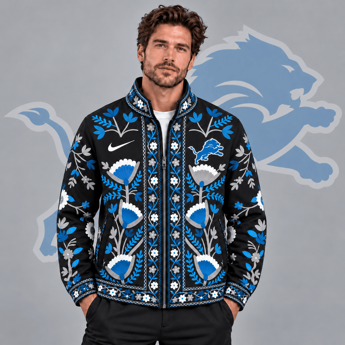 Detroit Lions | Premium NFL Vintage Folk Art Floral Print Stand Collar Full Zip Jacket NDN cover