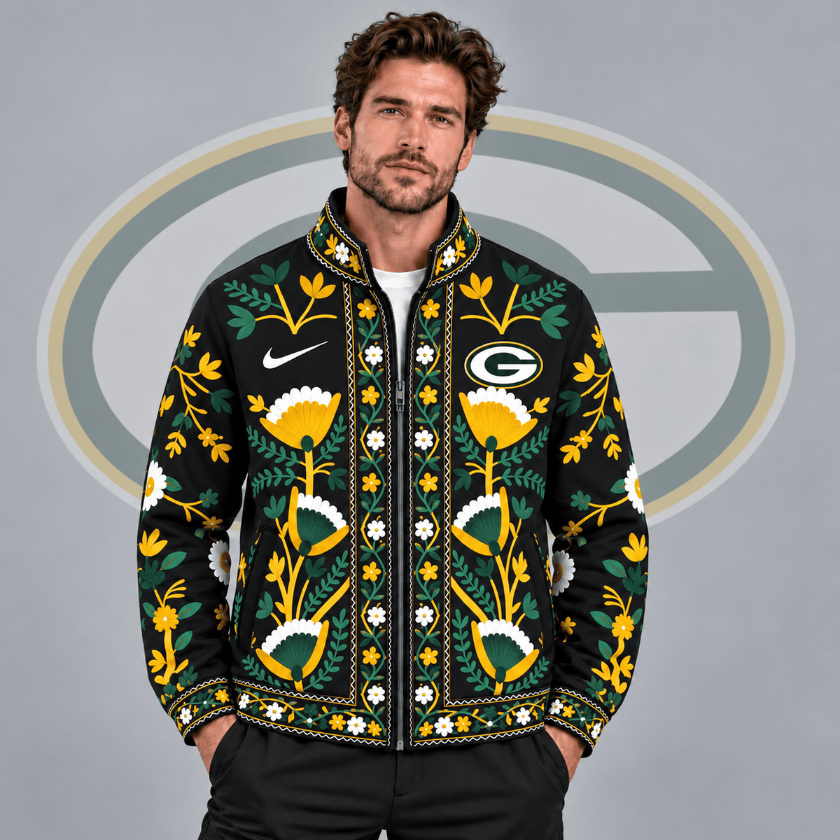 Green Bay Packers | Premium NFL Vintage Folk Art Floral Print Stand Collar Full Zip Jacket NDN cover