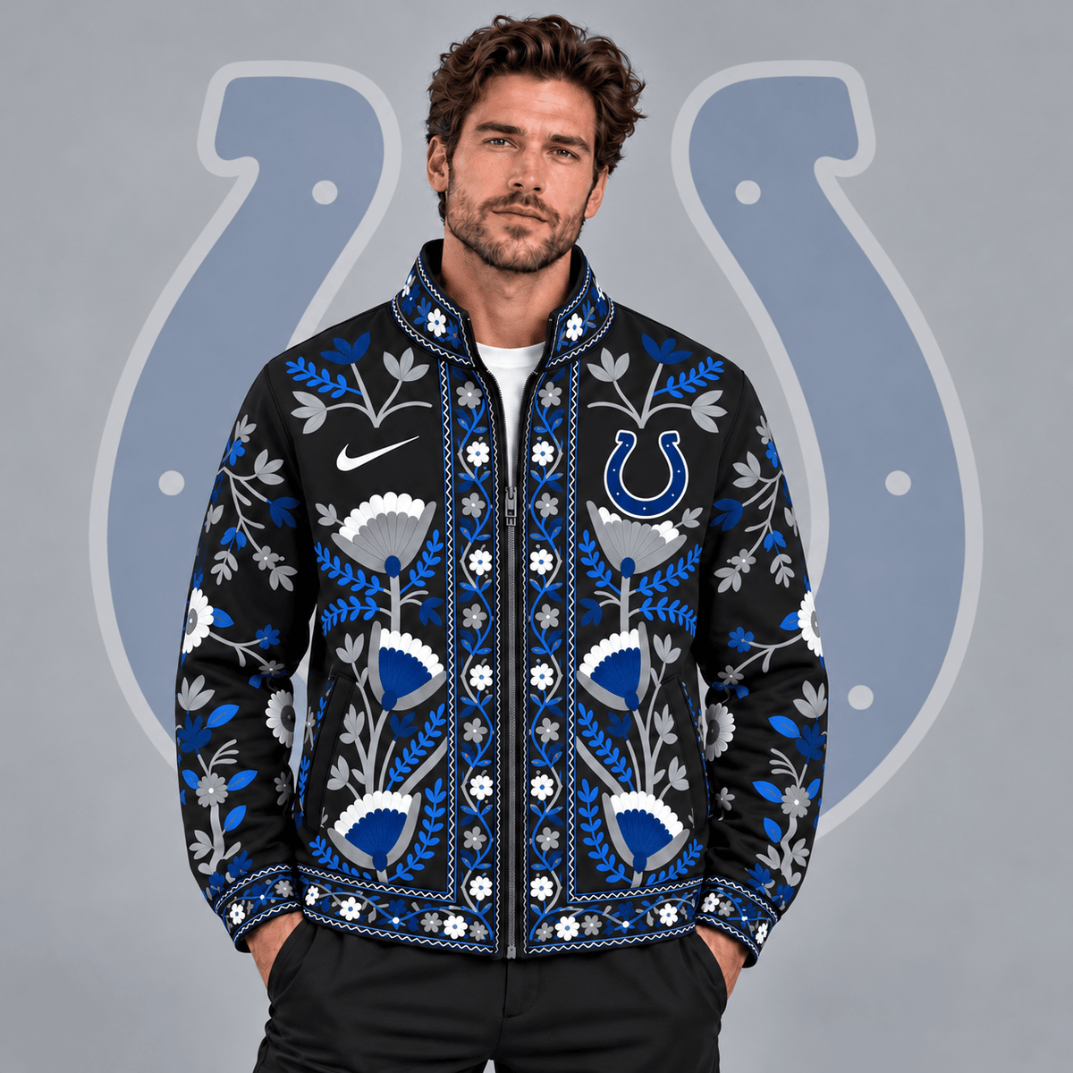 Indianapolis Colts | Premium NFL Vintage Folk Art Floral Print Stand Collar Full Zip Jacket NDN cover