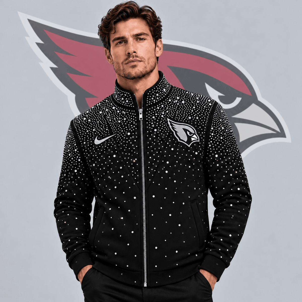 Arizona Cardinals | Premium NFL Sparkling Rhinestone Effect Print Stand Collar Full Zip Jacket NDN cover