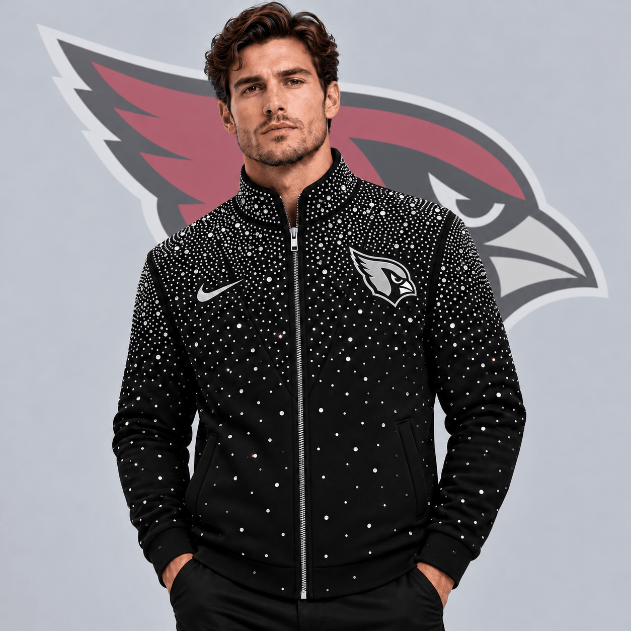 Arizona Cardinals | Premium NFL Sparkling Rhinestone Effect Print Stand Collar Full Zip Jacket NDN cover