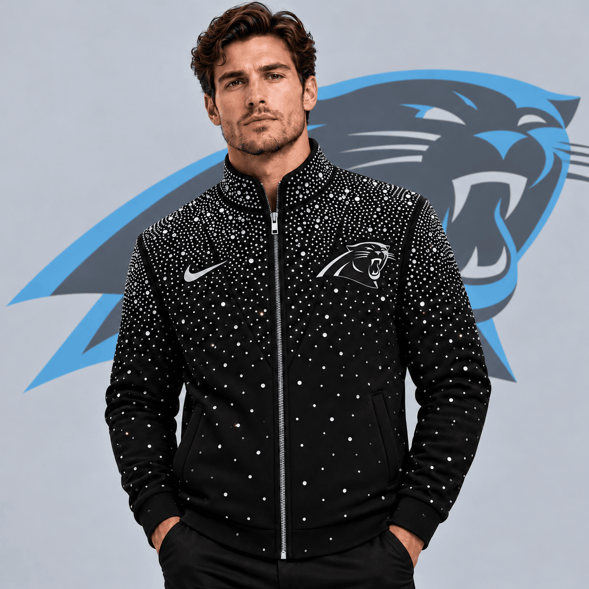Carolina Panthers | Premium NFL Sparkling Rhinestone Effect Print Stand Collar Full Zip Jacket NDN cover