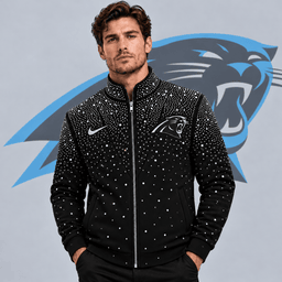 Carolina Panthers | Premium NFL Sparkling Rhinestone Effect Print Stand Collar Full Zip Jacket NDN cover