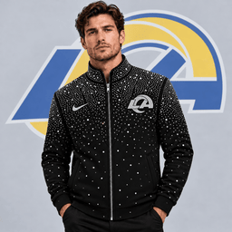Los Angeles Rams | Premium NFL Sparkling Rhinestone Effect Print Stand Collar Full Zip Jacket NDN cover