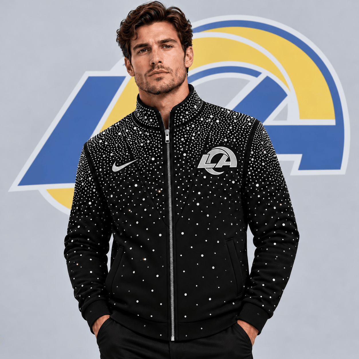 Los Angeles Rams | Premium NFL Sparkling Rhinestone Effect Print Stand Collar Full Zip Jacket NDN cover