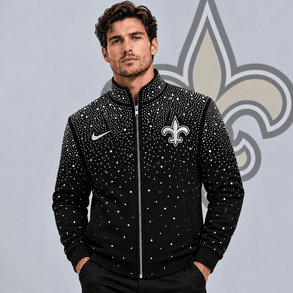 New Orleans Saints | Premium NFL Sparkling Rhinestone Effect Print Stand Collar Full Zip Jacket NDN cover