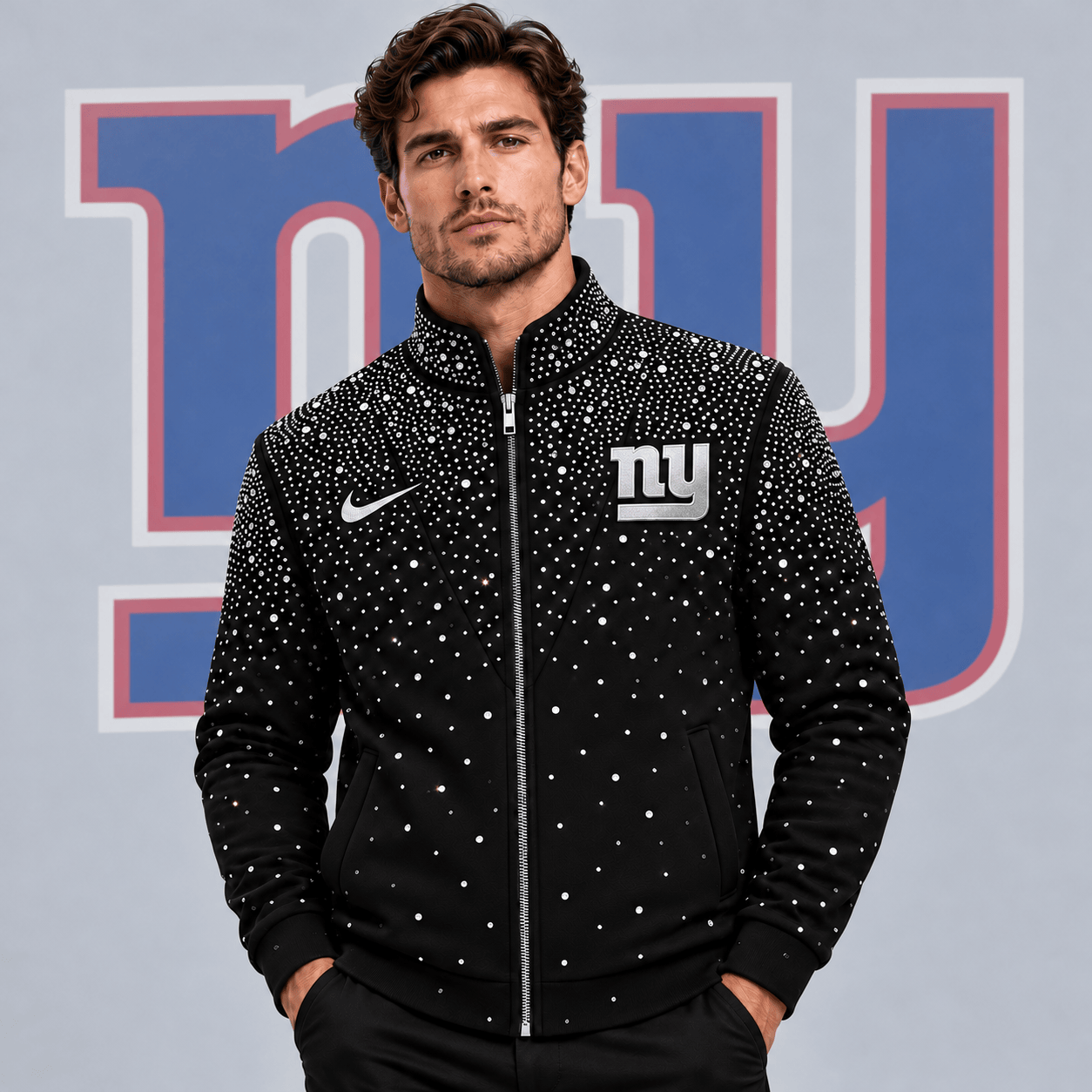 New York Giants | Premium NFL Sparkling Rhinestone Effect Print Stand Collar Full Zip Jacket NDN cover