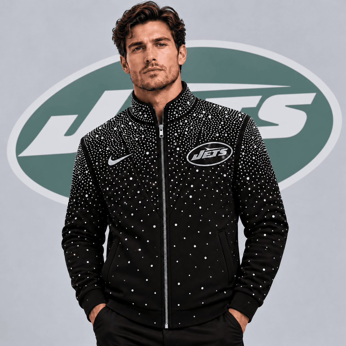 New York Jets | Premium NFL Sparkling Rhinestone Effect Print Stand Collar Full Zip Jacket NDN cover