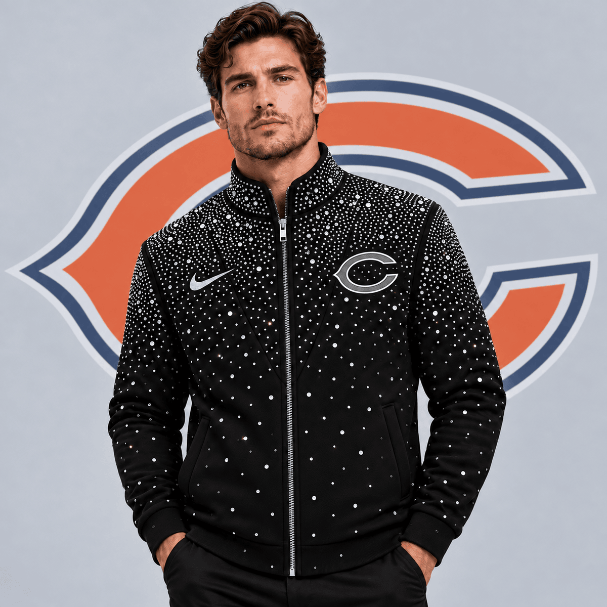 Chicago Bears | Premium NFL Sparkling Rhinestone Effect Print Stand Collar Full Zip Jacket NDN cover