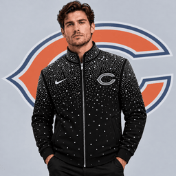 Chicago Bears | Premium NFL Sparkling Rhinestone Effect Print Stand Collar Full Zip Jacket NDN cover