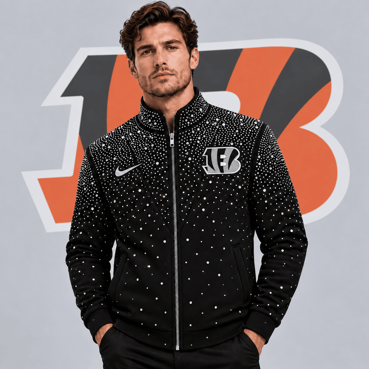 Cincinnati Bengals | Premium NFL Sparkling Rhinestone Effect Print Stand Collar Full Zip Jacket NDN cover