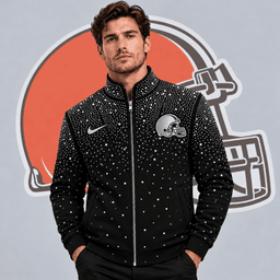 Cleveland Browns | Premium NFL Sparkling Rhinestone Effect Print Stand Collar Full Zip Jacket NDN cover
