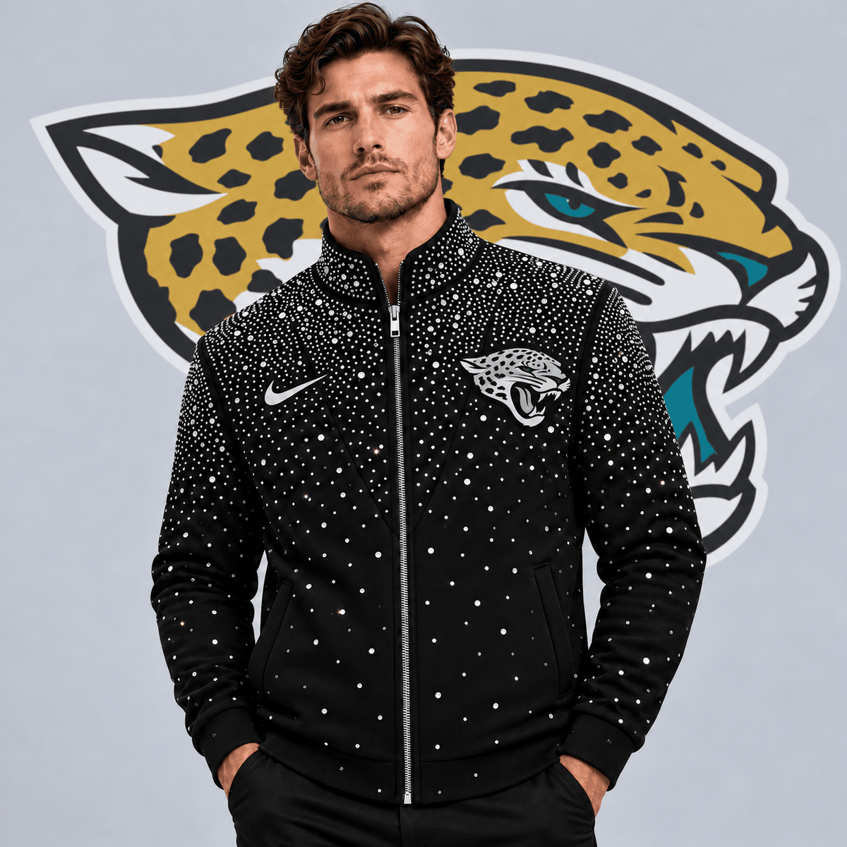 Jacksonville Jaguars | Premium NFL Sparkling Rhinestone Effect Print Stand Collar Full Zip Jacket NDN cover
