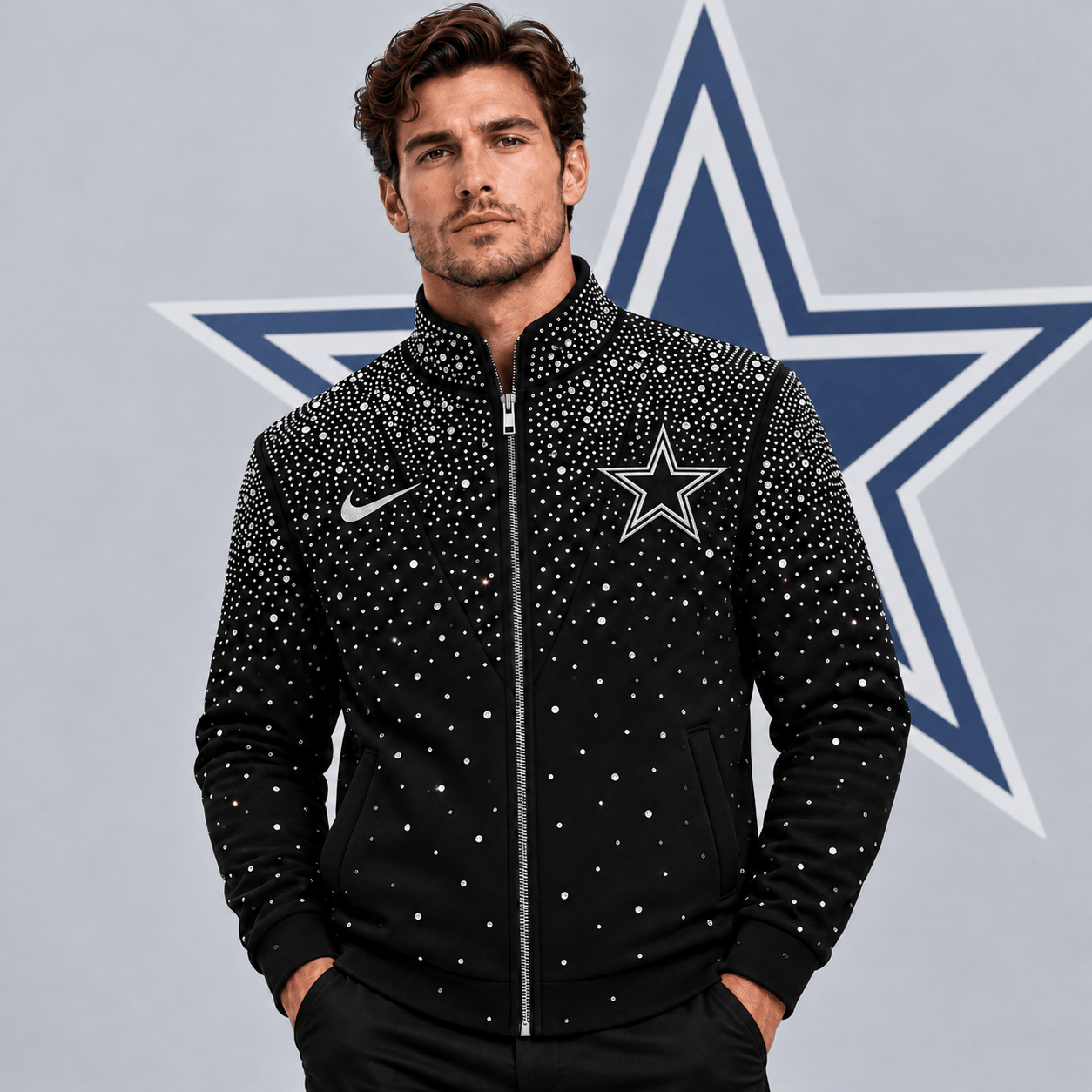 Dallas Cowboys | Premium NFL Sparkling Rhinestone Effect Print Stand Collar Full Zip Jacket NDN cover