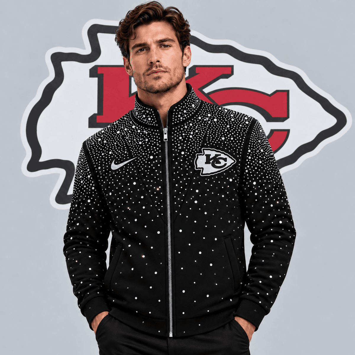 Kansas City Chiefs | Premium NFL Sparkling Rhinestone Effect Print Stand Collar Full Zip Jacket NDN cover