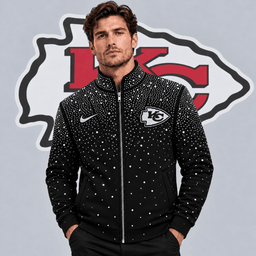 Kansas City Chiefs | Premium NFL Sparkling Rhinestone Effect Print Stand Collar Full Zip Jacket NDN cover