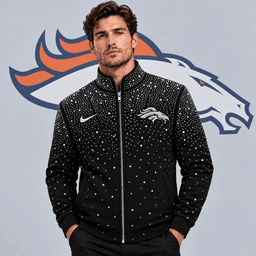 Denver Broncos | Premium NFL Sparkling Rhinestone Effect Print Stand Collar Full Zip Jacket NDN cover