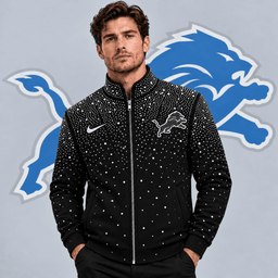 Detroit Lions | Premium NFL Sparkling Rhinestone Effect Print Stand Collar Full Zip Jacket NDN cover