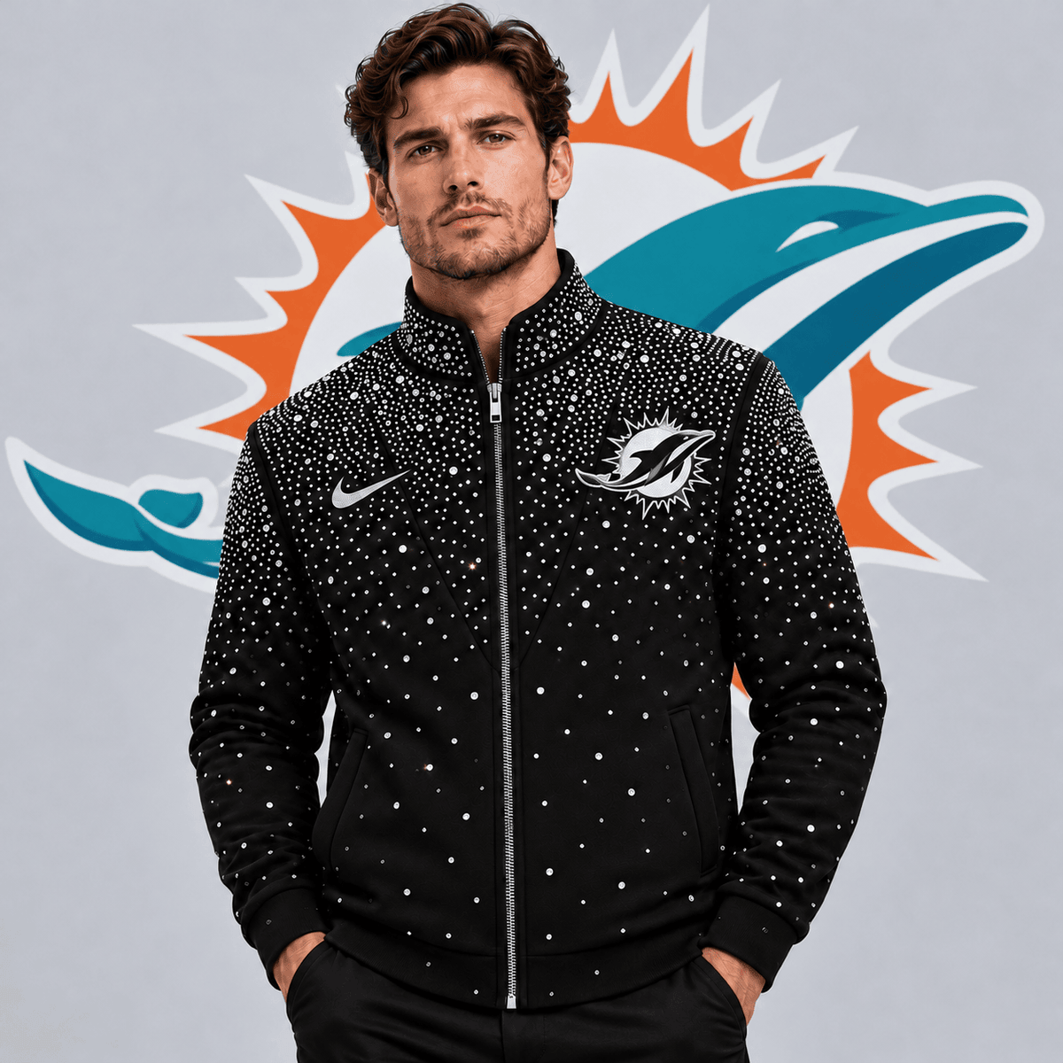 Miami Dolphins | Premium NFL Sparkling Rhinestone Effect Print Stand Collar Full Zip Jacket NDN cover