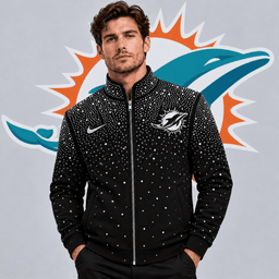 Miami Dolphins | Premium NFL Sparkling Rhinestone Effect Print Stand Collar Full Zip Jacket NDN cover