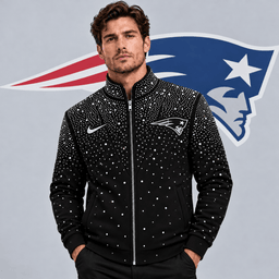 New England Patriots | Premium NFL Sparkling Rhinestone Effect Print Stand Collar Full Zip Jacket NDN cover