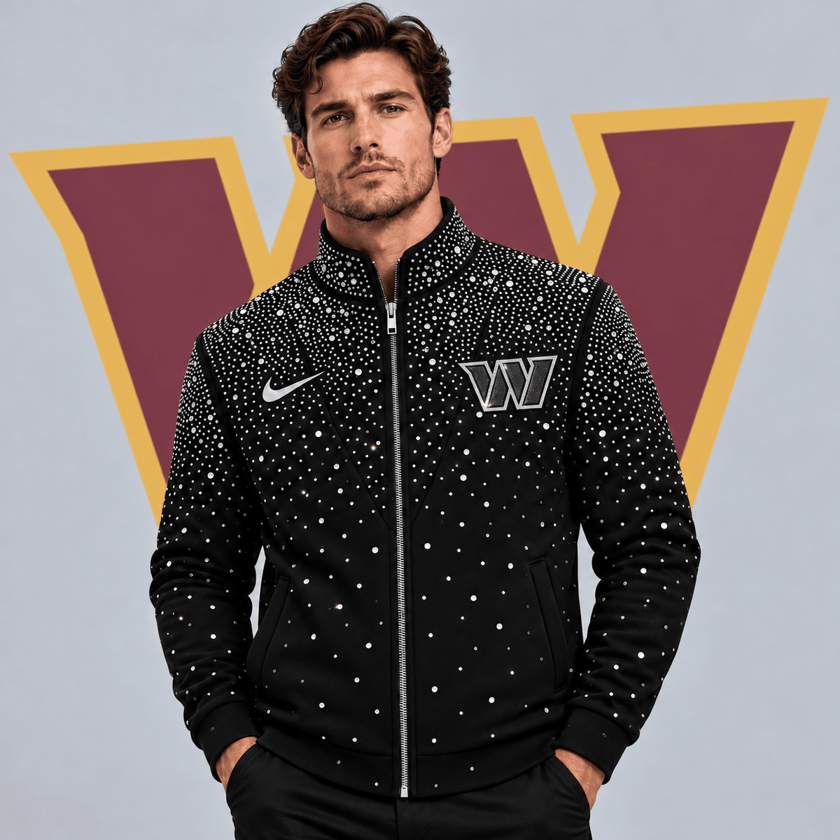 Washington Commanders | Premium NFL Sparkling Rhinestone Effect Print Stand Collar Full Zip Jacket NDN cover