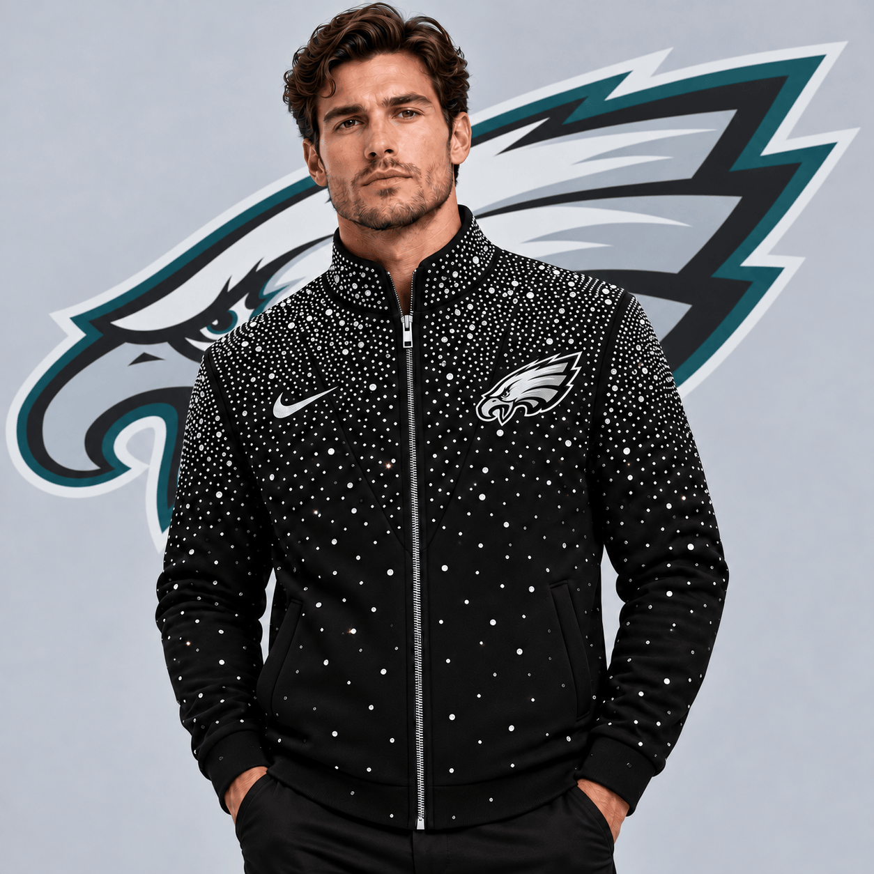 Philadelphia Eagles | Premium NFL Sparkling Rhinestone Effect Print Stand Collar Full Zip Jacket NDN cover