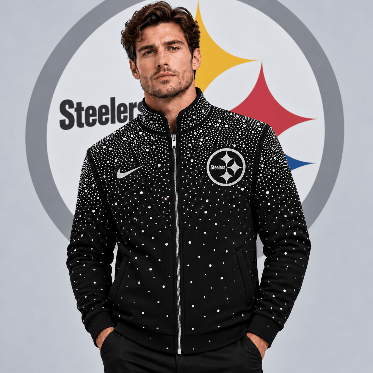 Pittsburgh Steelers | Premium NFL Sparkling Rhinestone Effect Print Stand Collar Full Zip Jacket NDN cover