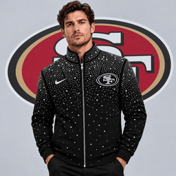 San Francisco 49ers | Premium NFL Sparkling Rhinestone Effect Print Stand Collar Full Zip Jacket NDN cover