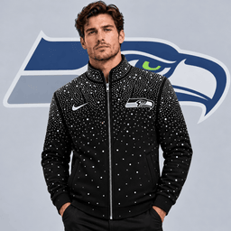 Seattle Seahawks | Premium NFL Sparkling Rhinestone Effect Print Stand Collar Full Zip Jacket NDN cover