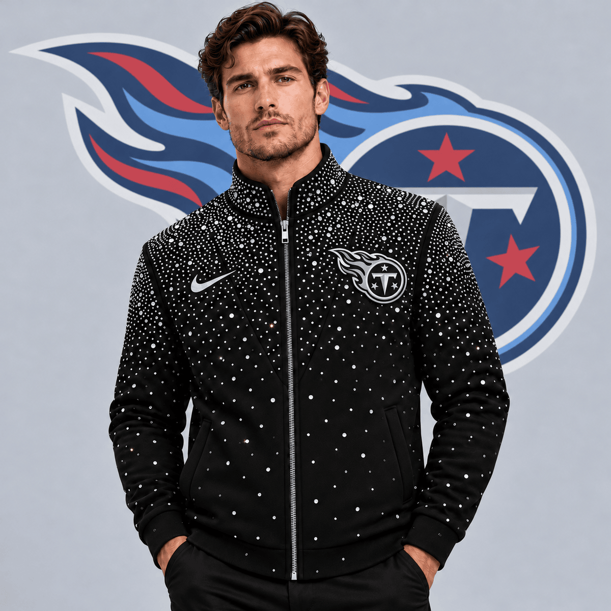Tennessee Titans | Premium NFL Sparkling Rhinestone Effect Print Stand Collar Full Zip Jacket NDN cover