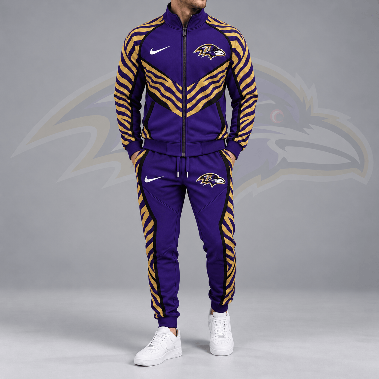 Baltimore Ravens | Premium NFL Dynamic Tiger Stripe Print Full Zip Track Jacket & Matching Jogger Pants Set NDN cover